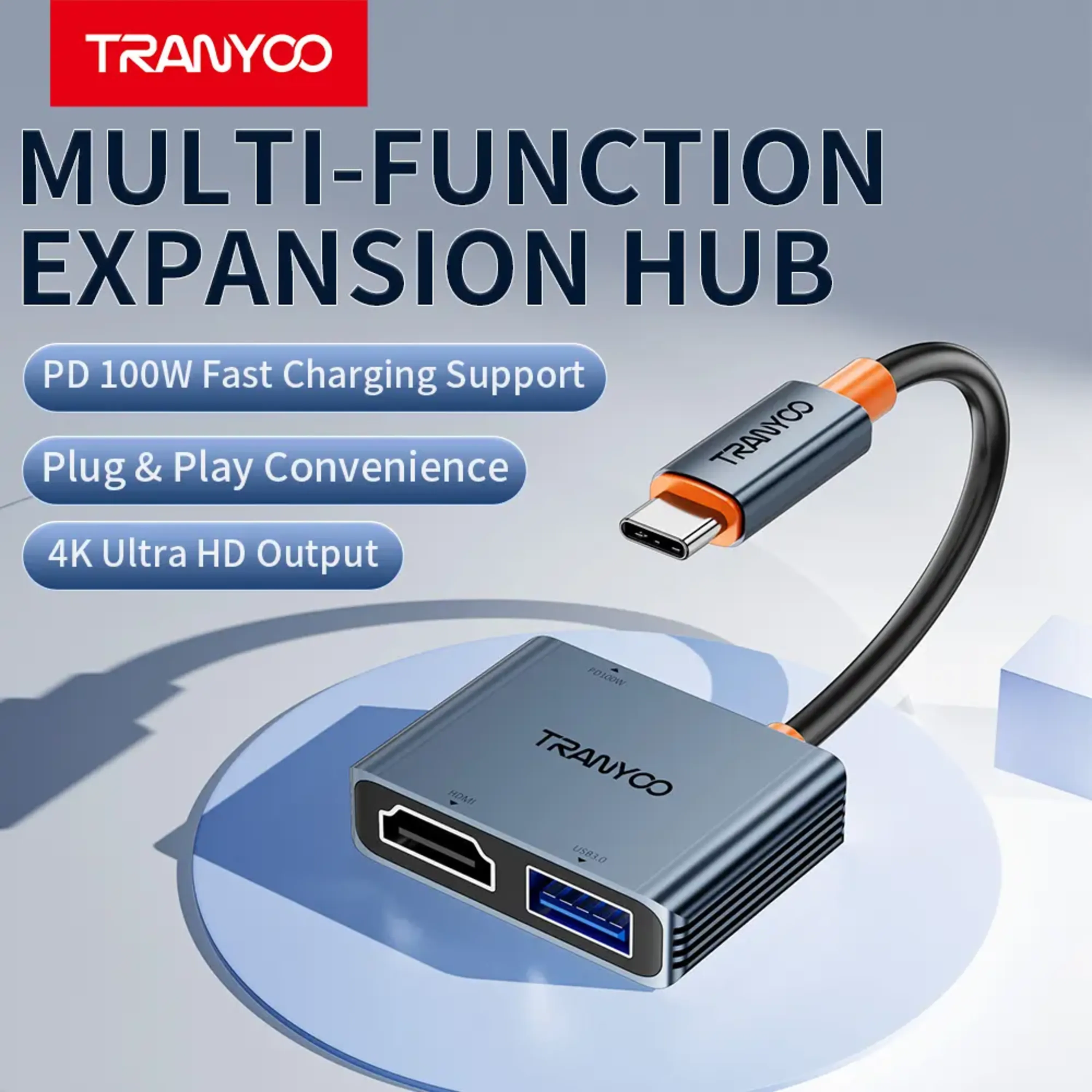 هاب HB-5-C TRANYOO 3IN1 تایپ سی به HDMI و USB3.0 و TYPE-C 100W